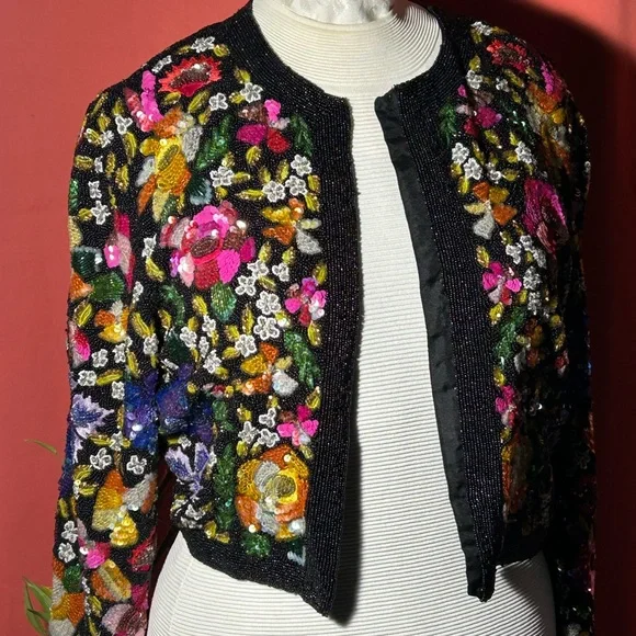 VINTAGE LAURENCE KAZAR Silk multi-colored beaded short jacket - Picture 3 of 16
